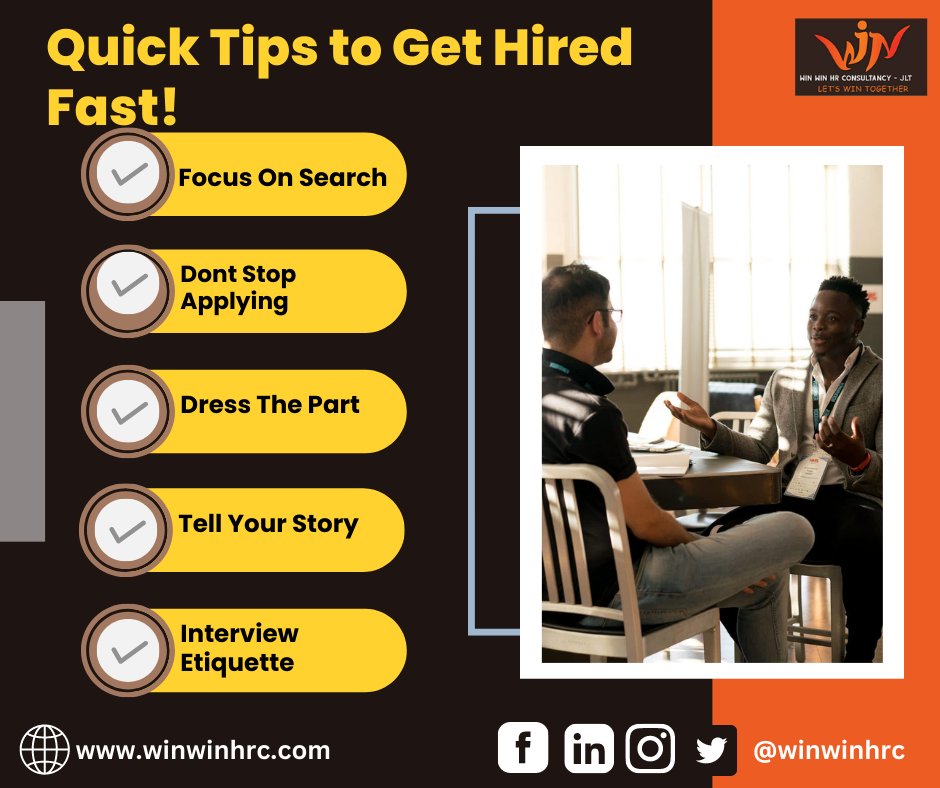 WinWinHRC's tweet photo. π£ Seeking a job? Quick Tips to Get Hired Fast! #FocusOnSearch #DontStopApplying #DressThePart #TellYourStory #InterviewEtiquette #JobSearch #CareerTips #GetHired #JobSeekers #InterviewTips #ProfessionalDevelopment #Dubai #UAE #winwinhrc #DubaiBusiness #friday #FridayMotivation https://t.co/92of6SSptU