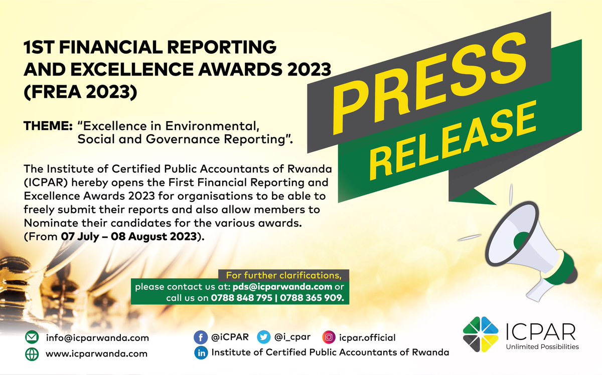 I_CPAR's tweet photo. 🚨DID YOU KNOW that the #ICPAR Financial Reporting and Excellency Awards(FREA 2023) submissions &amp; nominations are now open? 

#FREA2023 is set to be held on 8th Sept, Under the theme :Excellence in Environmental, Social and Governance Reporting. 

Details: https://t.co/Rmnml3CLJZ https://t.co/Pom40gOWaM