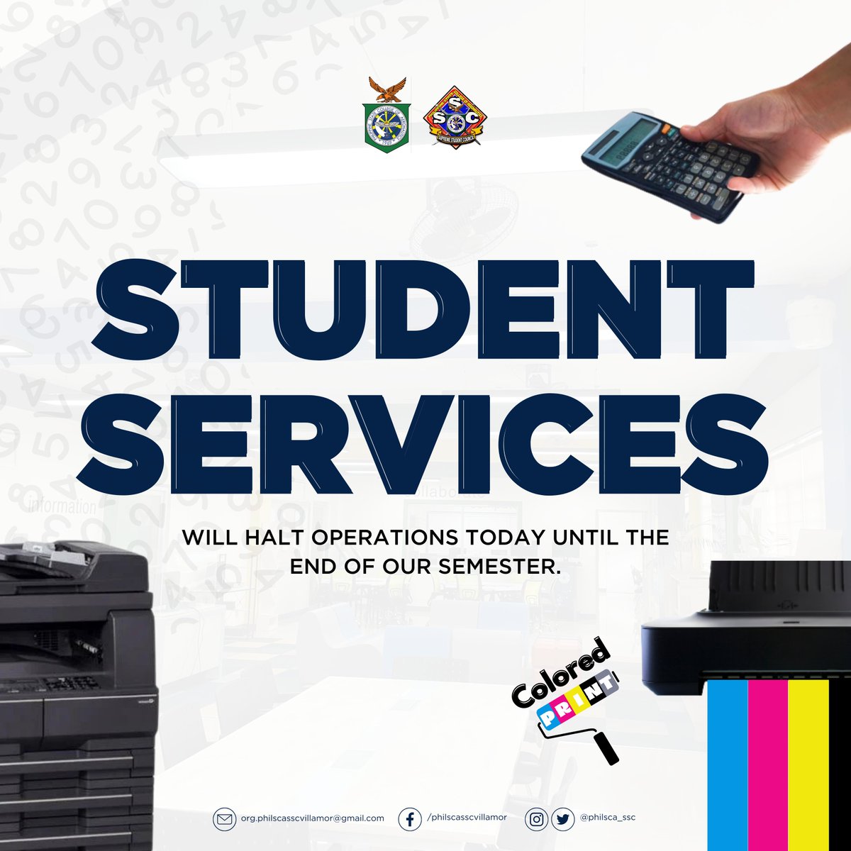 philsca_ssc's tweet photo. [1/2] #ADVISORY | Termination of SSC Student Services   All academic stakeholders are advised that starting today, July 14, 2023, all student services of the Supreme Student Council shall cease operations for the academic year. https://t.co/yQ4jJLhs3p