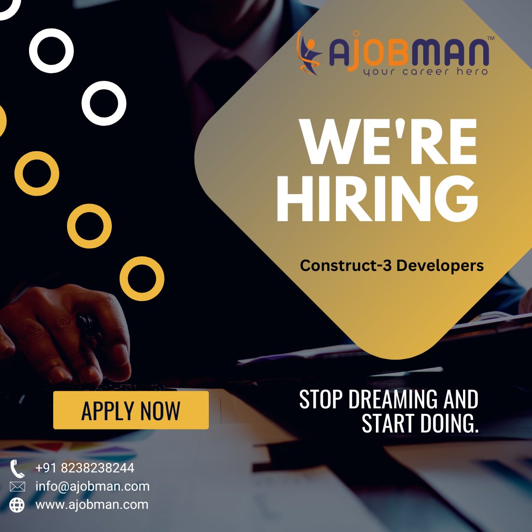 a_jobman's tweet image. We're Looking for Construct-3 #Developers
Exp.- min 1 & max 3 years
Position:- 10+
Work From Office 
💯% #jobplacement
👉Terms & condition apply
🔖Send your CV & Contact Us more Detail:
📲+91 8238238244, 📧info@ajobman.com
#construct3developers #gamedevelopers #NowHiring #ajobman