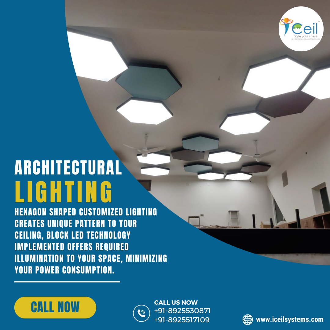 iceilsys's tweet image. Hexagon shaped customized #lighting creates unique pattern to your ceiling, Block Led technology implemented offers required illumination to your space, minimizing your power consumption. - iceilsystems.com

#stretchceilingdrywall

#stretchceilingusa

#3dstretchceiling