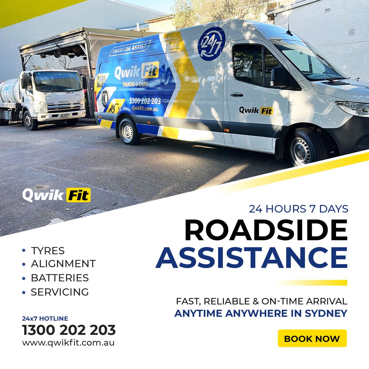 qwikfitau's tweet photo. Roadside Assistance for Cars, Trucks &amp; Trailers in Sydney, Australia. Give us a call📞 1300-202-203 or visit 🌍 https://t.co/pAekbxhmhM
.
✅ Flat Tyre
✅ New Wheels/Alignment
✅ Battery Replacement
✅ Jump Start
✅ Emergency Fuel
✅ Vehicle Repair
.
#qwikfit #tyre #roadside #help https://t.co/ZdqJBz2FW2