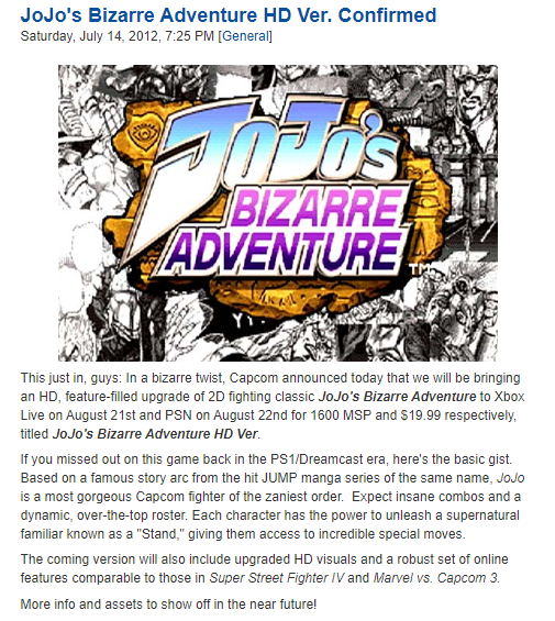 JoJo's Bizarre Adventure HD Ver. (Xbox Live Arcade) Story as