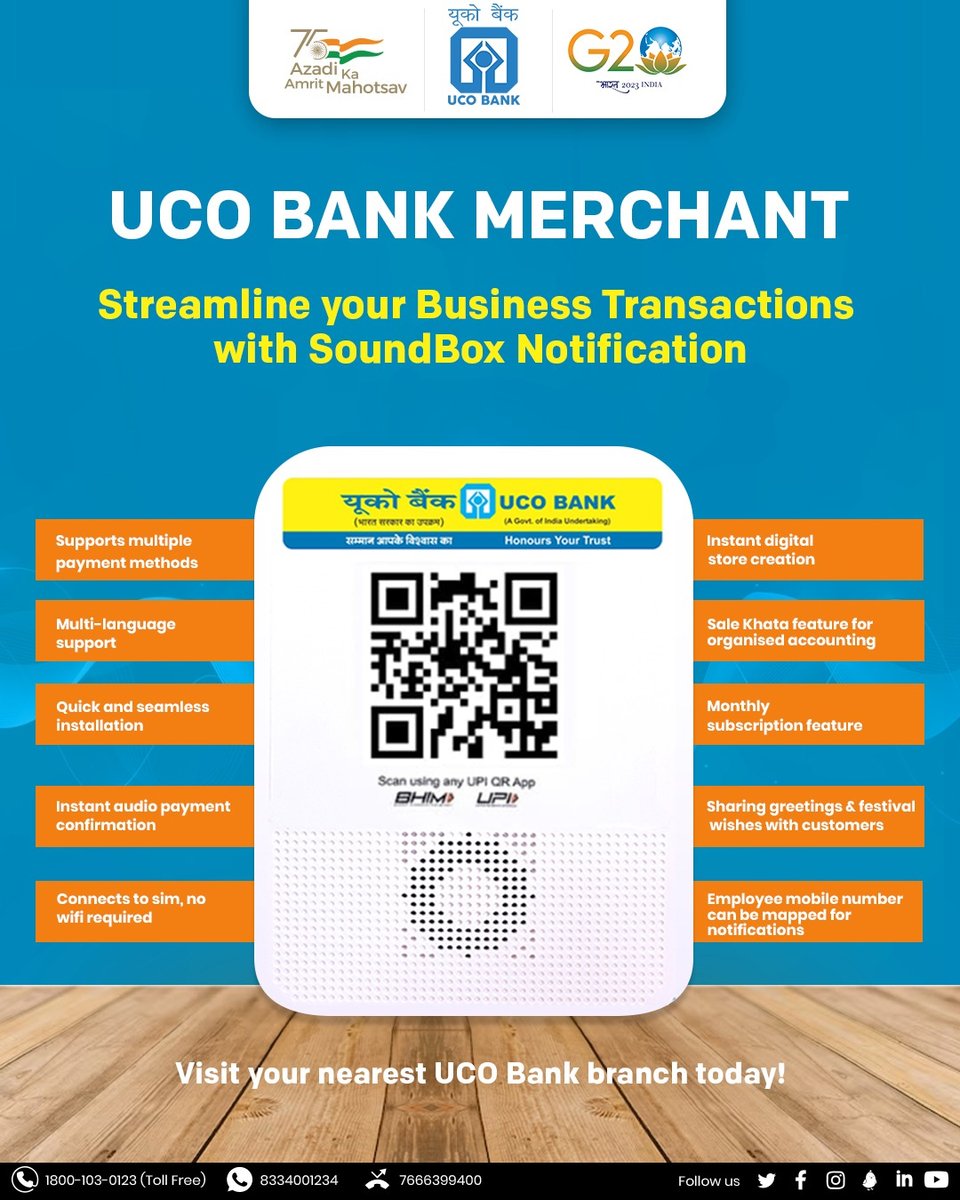 UCOBankOfficial's tweet photo. Amplify your business and enhance your customer experience with UCO Bank Merchant Solution &amp; QR Code #Soundbox. #UCOBank Honours Your Trust #UCOTURNS80 #Payments #Transactions #CustomerExperience #MerchantSolution https://t.co/8zGKdScHUv