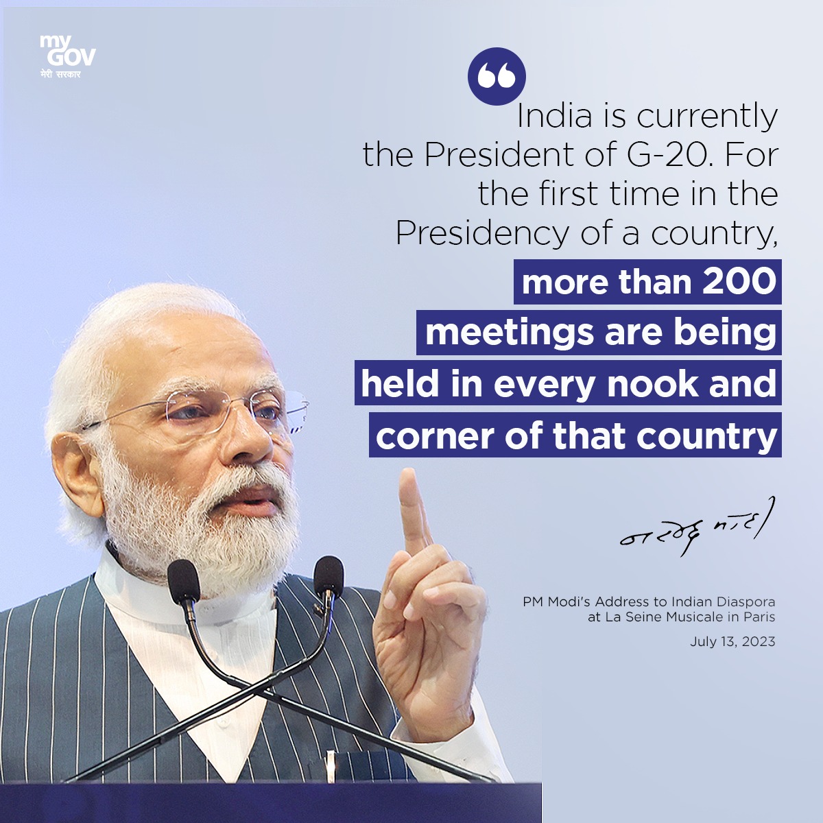 mygovindia's tweet image. India is currently the President of G-20.

#ModiInFrance
#PMModiInParis
#IndiaFrancePartnership