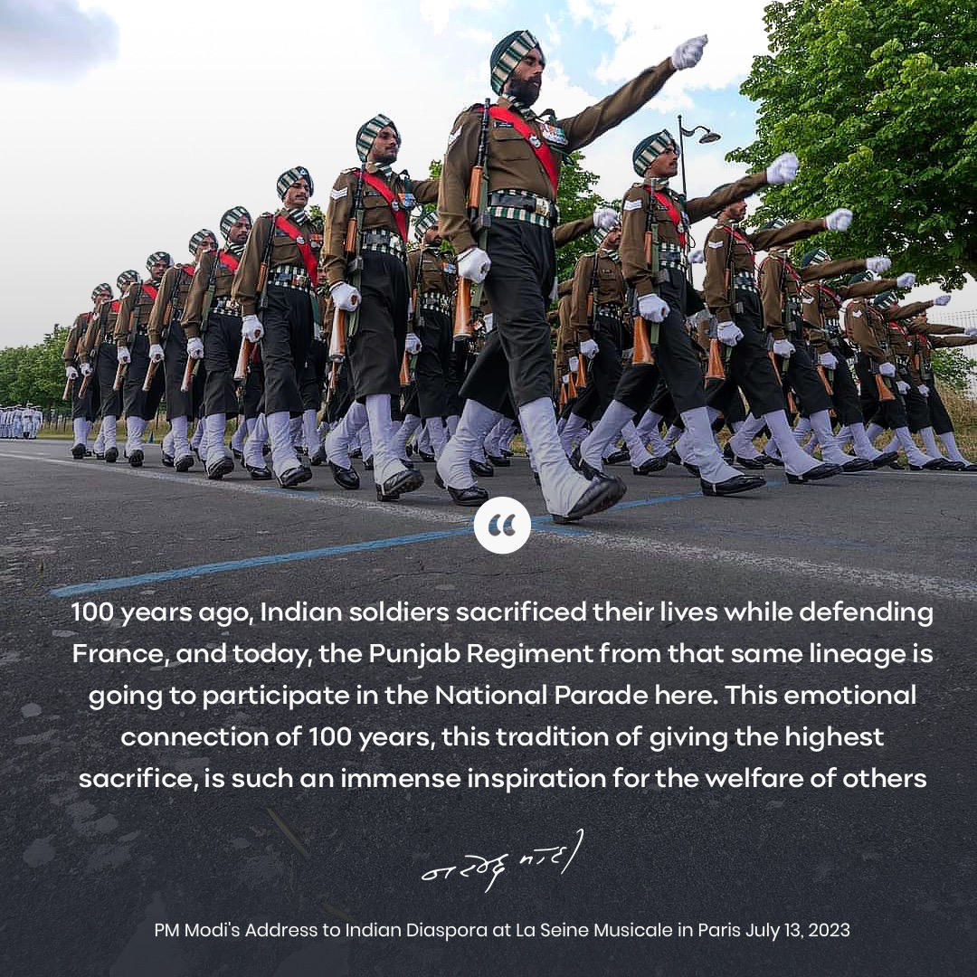 mygovindia's tweet image. 100 years ago, Indian soldiers sacrificed their lives while defending France, and today, the Punjab Regiment from that same lineage is going to participate in the National Parade here.

#ModiInFrance
#PMModiInParis
#IndiaFrancePartnership