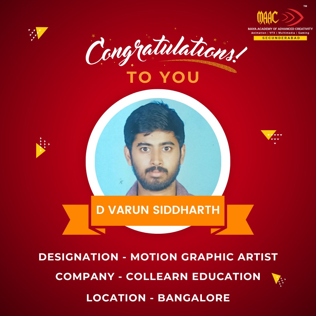 MayaAdvanced's tweet photo. Congratulations to Varun Siddharth 
Best 3D Animation, VFX Training Institute in Secunderabad │ MAAC Secunderabad
#animation #vfx #graphicdesign #maacsecunderabad #bestmultimediainstitute #visualeffects #placements #congratulations #motiongraphicsartist #motiongraphics https://t.co/pEWoXwDIJL