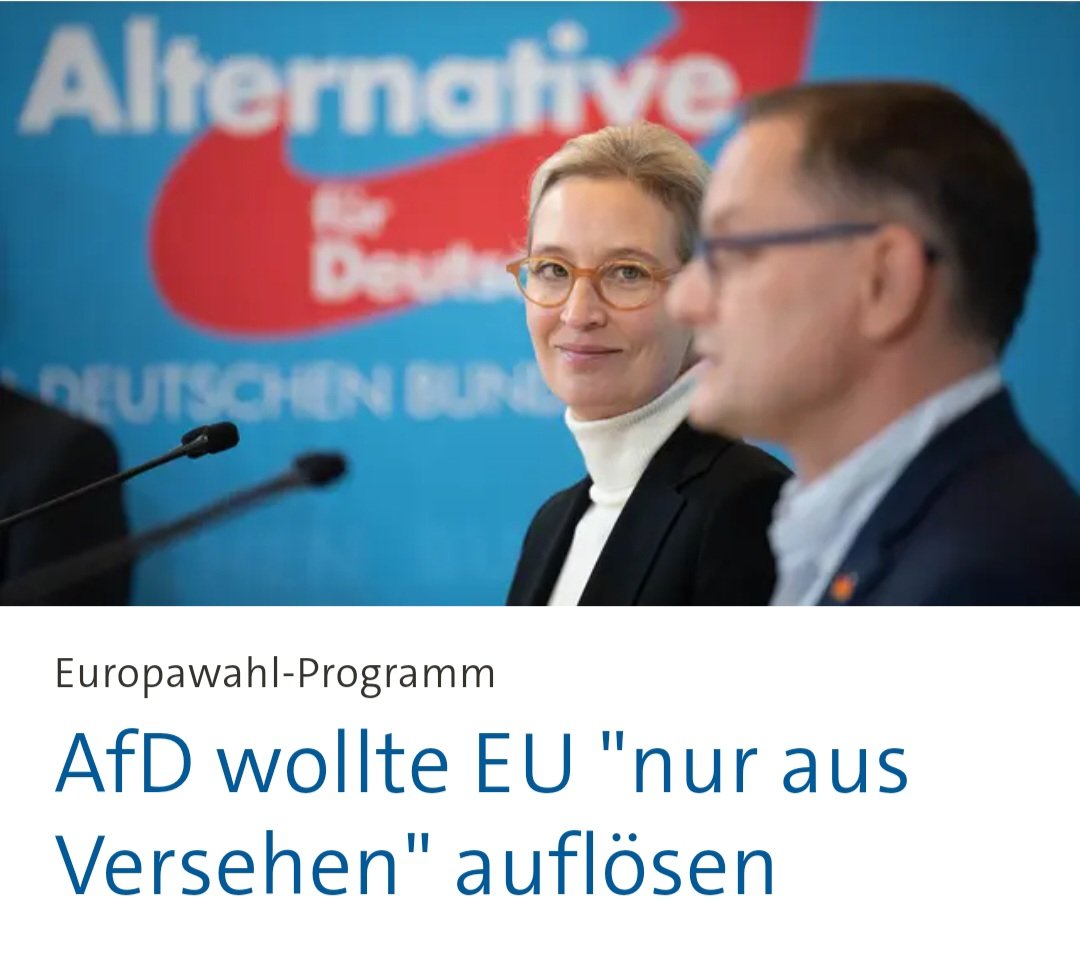 Paul Wohlfahrt 🇪🇺 (@wohlfahrt_p) on Twitter photo Hupsi, Mausgerutscht.
Wer noch nie ausversehen die EU auflösen wollte werfe den ersten Stein🤷♂️
tagesschau.de/inland/afd-eu-… Hupsi, Mausgerutscht.
Wer noch nie ausversehen die EU auflösen wollte werfe den ersten Stein🤷♂️
tagesschau.de/inland/afd-eu-…