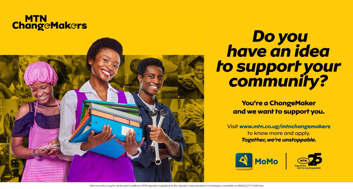 Do you have a visionary idea to transform your community? #MTNChangeMakers is looking for individuals and organizations with innovative projects that can make a positive impact. Apply today at mtn.co.ug/changemakers. #MTNChangeMakers #MTNFoundation #TogetherWeAreUnstoppable