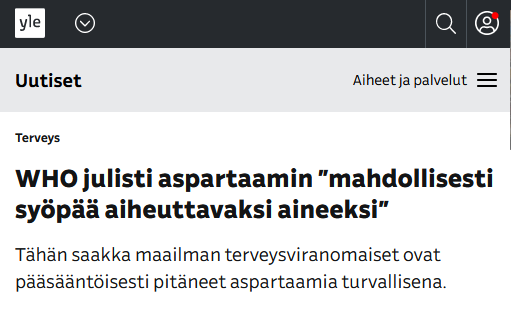 MillaTiuni's tweet photo. WHO on nyt julistanut aspartaamin ”mahdollisesti syöpää aiheuttavaksi aineeksi”.
https://t.co/pNikzckQBa

#Aspartaami oli muuten aiemmin "#tutkittu ja #turvallinen" (toinen kuvakaappaus: https://t.co/cpyyfd6bGk). https://t.co/6RhPf9OsTP