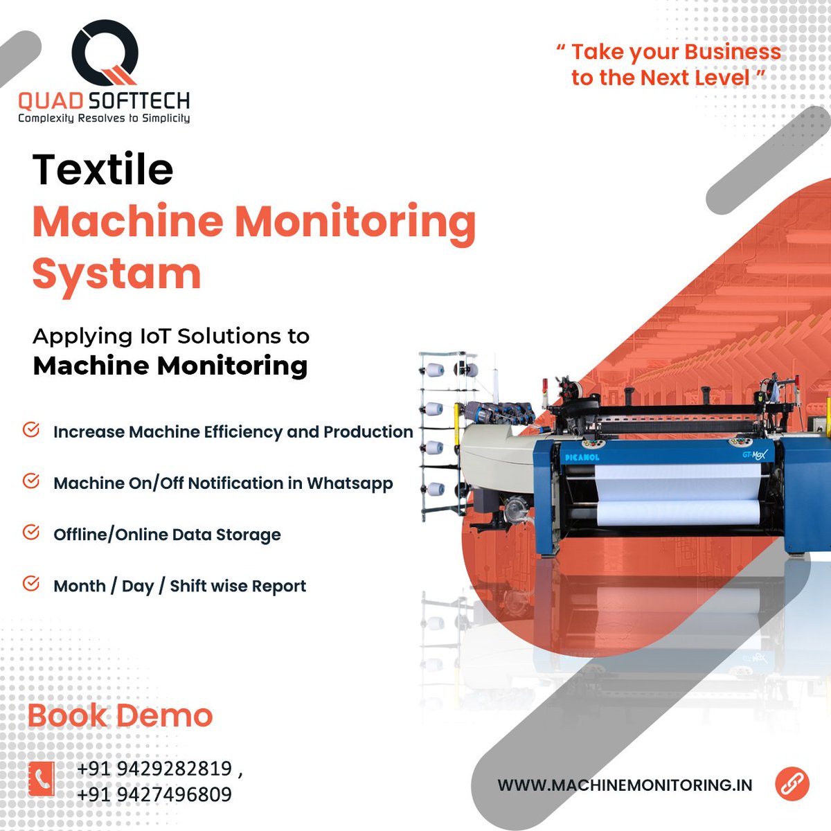 Machine monitoring system. It helps to increase your machine's efficiency and production using our Quad MMS.

#QuadSoftTech #MMS #MachineMonitoring #TextileMonitoring #IndustrialIoT #MachineMonitoringSystem #MMSMachineMonitoringSystem #MachineMonitoringSystemsLTD #India