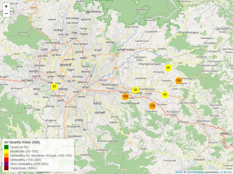 DisasterNepal's tweet photo. Real-time Air Quality Index (AQI) for the Kathmandu Valley. Data source: Purple Air. Updated at 2023-07-14 11:00:09 NPT. #airquality #Kathmandu https://t.co/SptodL5dkf
