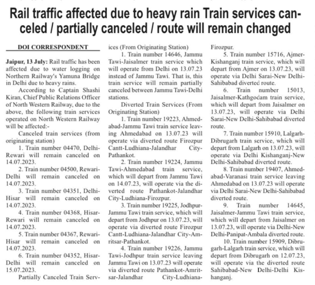 North Western Railway on Twitter "Rail traffic affected due to heavy