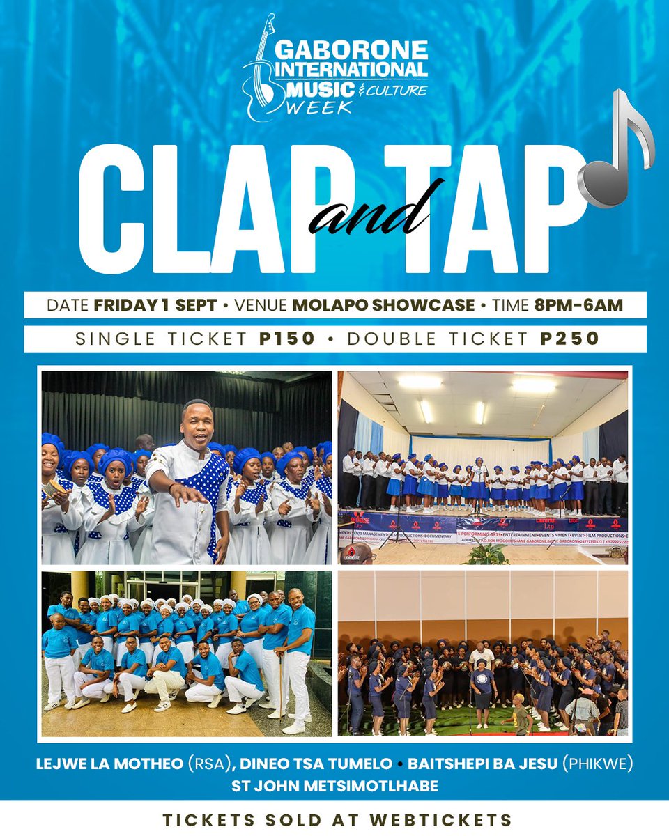 2023 Clap and Tap line up. Get your tickets at Webtickets. We can’t wait to sing and praise the Lord with you. #PitsoYaBotlhokwa