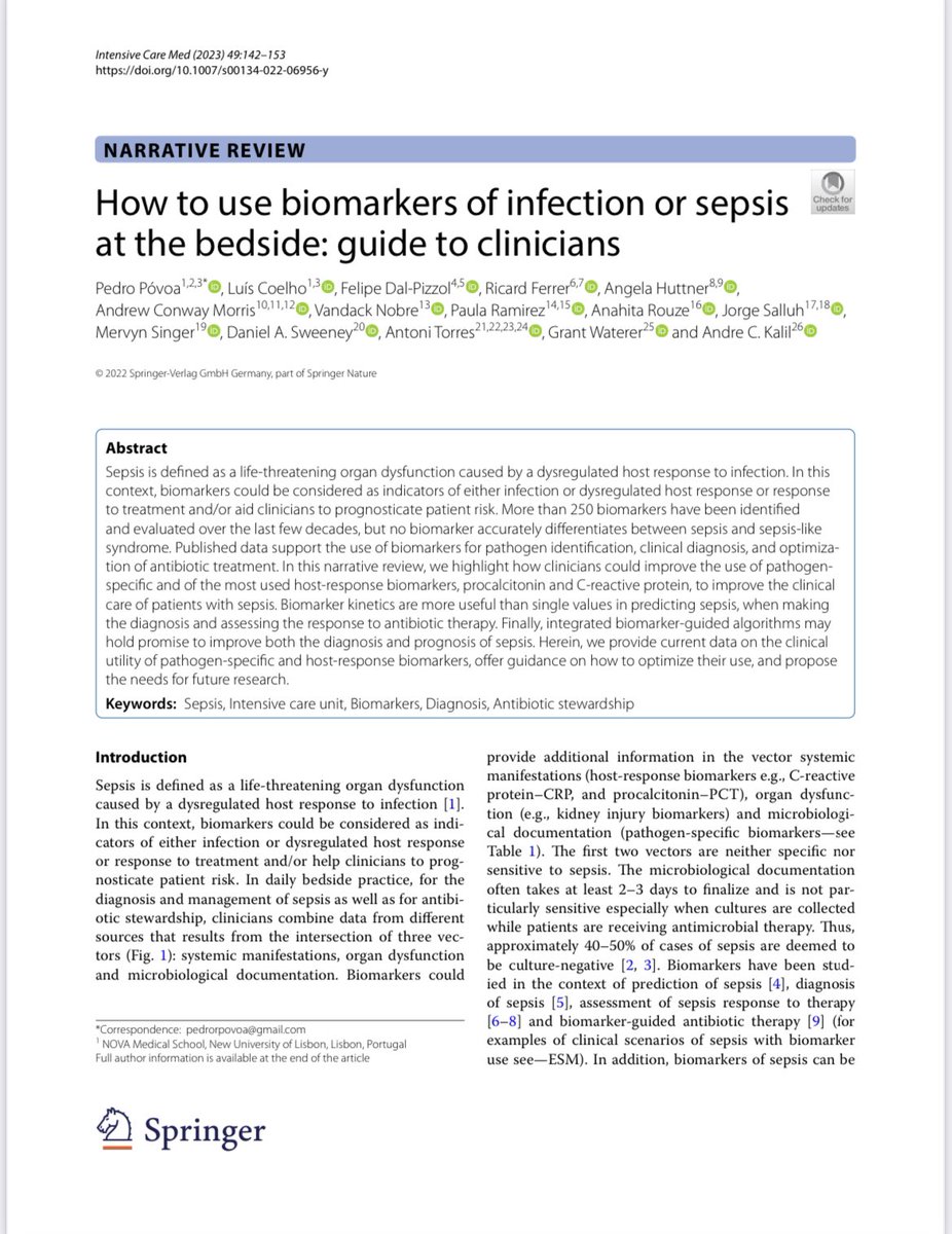 Como usar los biomarcadores en sepsis: una guía para el clínico Solamente usar procalcitonina y PCR para guiar el continuar o retirar el antibiótico. Un artículo de fácil lectura. Intensive Care Med (2023) 49:142–153 doi.org/10.1007/s00134…