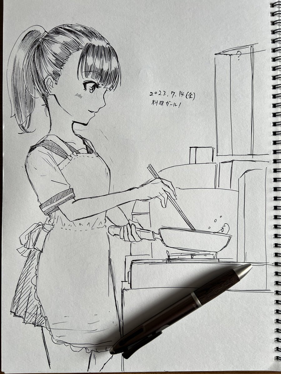 会社の昼休みラクガキ(R5.7.14.) 料理系女の子。右向き顔あんまり描いてなかったのかパースが面白いことになってるぅ!練習練習ぅ!!