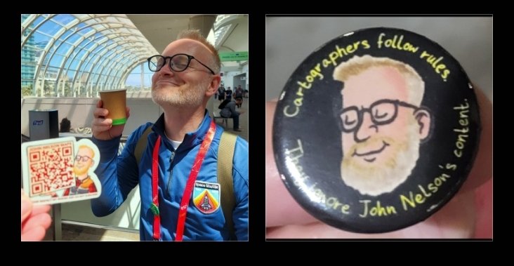 SiMapSupport's tweet image. Another Esri UC in the Books. My Highlight was meeting up with @John_M_Nelson and receiving a sticker of his likeness. A fellow Wisconsin GIS colleague found this button by @kennethfield about John. Good Times always at #EsriUC2023