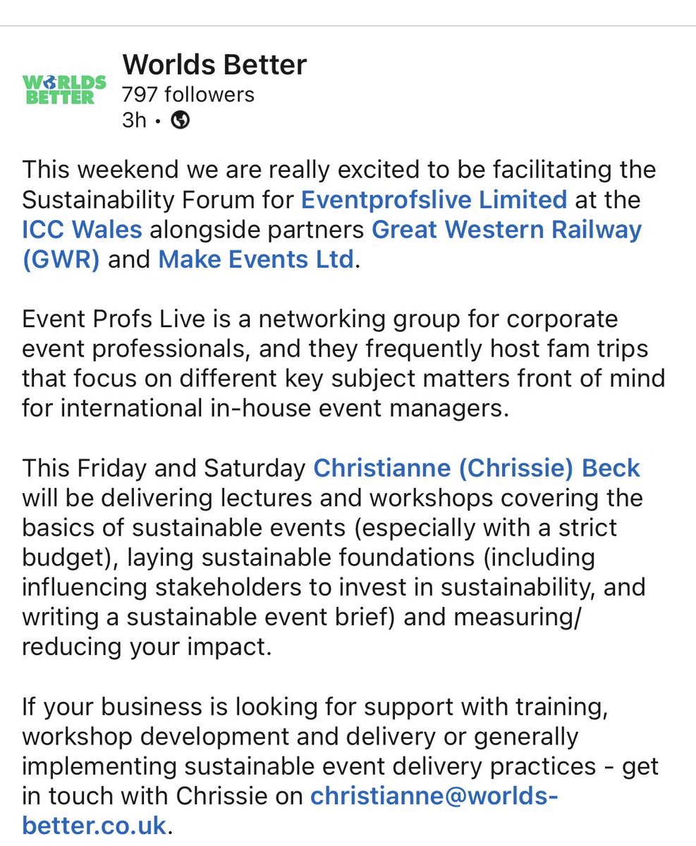 We are so excited to be holding a #sustainability 101 workshop this weekend for our members <a href="/ICCWales/">ICCWales</a>. We will be leaving the workshop equipped with the skills to hold more sustainable events, to influence stakeholders on this topic, write a sustainable brief and so much more