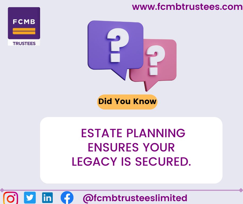 fcmbtrustees's tweet image. With a tight-proof estate plan, you ensure that your legacy is secured, preserved and transferred through generations.

Go to fcmbtrustees.com to begin!

#estateplanning #legacyprotection #fcmbtrustees
