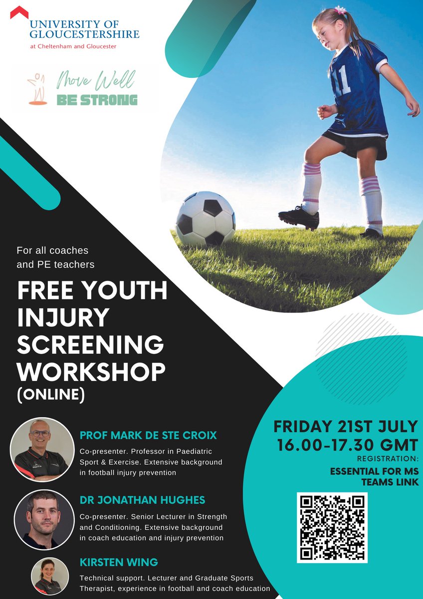 destecroixmark's tweet image. Are you a PE teacher or coach who wants to know more about using youth injury risk screening in your practice? Join us for a free online workshop next Friday 21st July @4pm. presentation and practical delivered by myself with @j_d_hughes @kirst_wing @uniofglos please RT