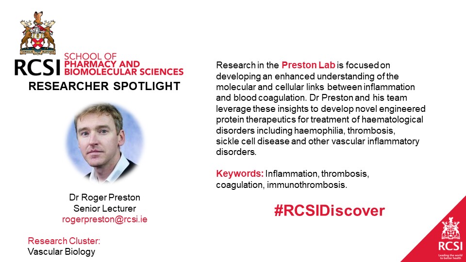 RCSI School of Pharmacy and Biomolecular Sciences (@rcsipharmbiomol) on Twitter photo This week's Researcher Spotlight falls on <a href="/rogerjspreston/">Roger Preston</a> and the work of his team in the <a href="/PrestonLab_RCSI/">Preston Lab</a>.
Dr Preston is also Co-Founder and Scientific Director of <a href="/IrishCtrVascBio/">ICVB RCSI</a>.
rcsi.com/people/profile… This week's Researcher Spotlight falls on <a href="/rogerjspreston/">Roger Preston</a> and the work of his team in the <a href="/PrestonLab_RCSI/">Preston Lab</a>.
Dr Preston is also Co-Founder and Scientific Director of <a href="/IrishCtrVascBio/">ICVB RCSI</a>.
rcsi.com/people/profile…