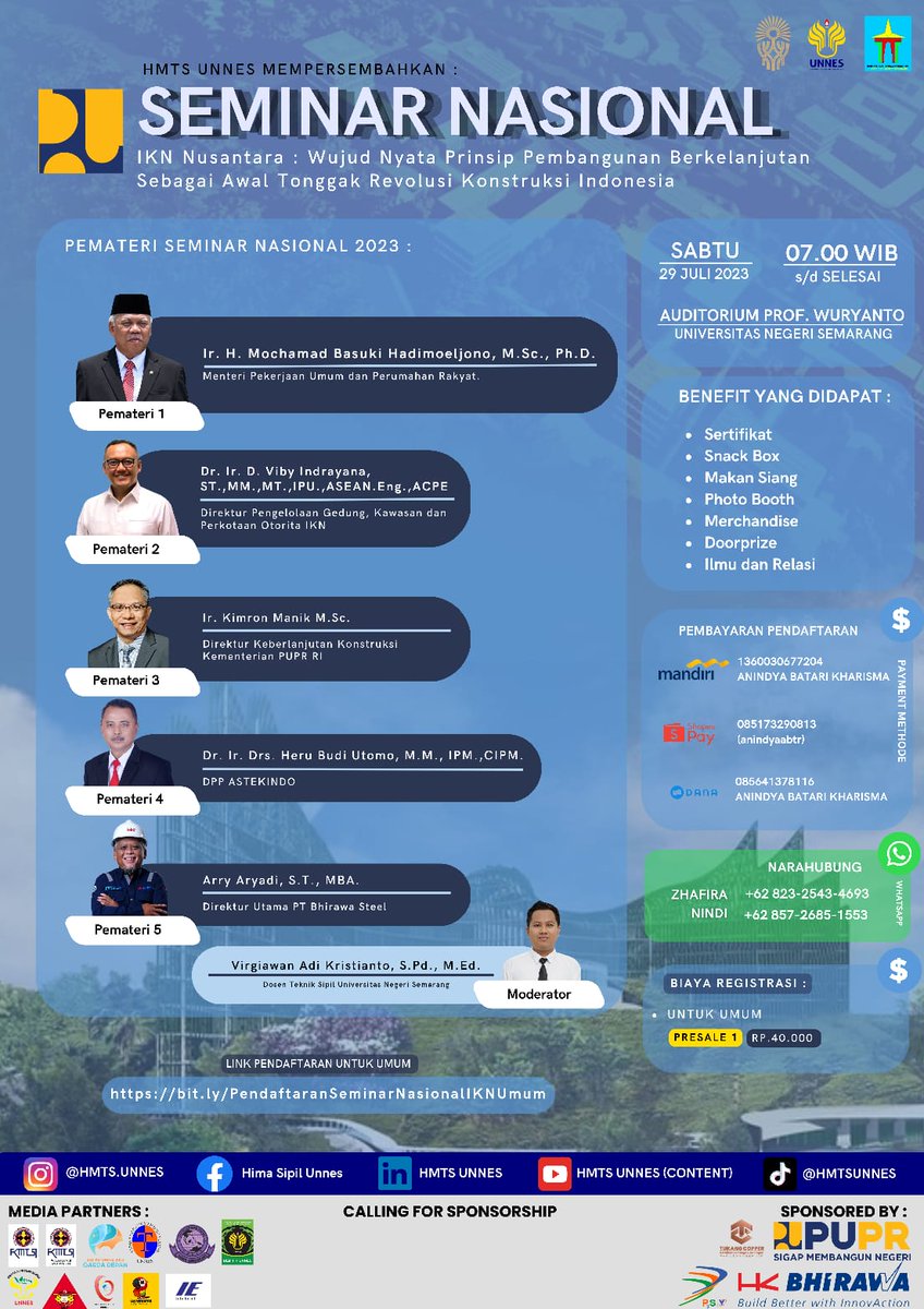 🏗️ SEMINAR NASIONAL CIVIL TALK 2023 🏗️
"IKN Nusantara : Wujud Nyata Prinsip Pembangunan Berkelanjutan Sebagai Awal Tonggak Revolusi Konstruksi Indonesia."
❗LAST DAY❗
🎟️ Presale 1 : 40K
Link Pendaftaran :
bit.ly/PendaftaranSem…
CP:
Yunita 085868635540
Zhafira 082325434693