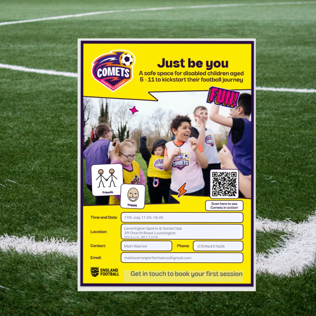 Pinpoint Cambs (@pinpointcambs) on Twitter photo 🌟 Join Comets Football for brand new, inclusive pan-disability football sessions!
⚽for kids aged 5-11
⚽first FREE taster session
⚽July 17th, 17:45-18:45
⚽Location: Wisbech
👉 To book, contact Matt - 07596457605, Facebook or mattwarrenperformance@gmail.com
#CometsFootball 🌟 Join Comets Football for brand new, inclusive pan-disability football sessions!
⚽for kids aged 5-11
⚽first FREE taster session
⚽July 17th, 17:45-18:45
⚽Location: Wisbech
👉 To book, contact Matt - 07596457605, Facebook or mattwarrenperformance@gmail.com
#CometsFootball