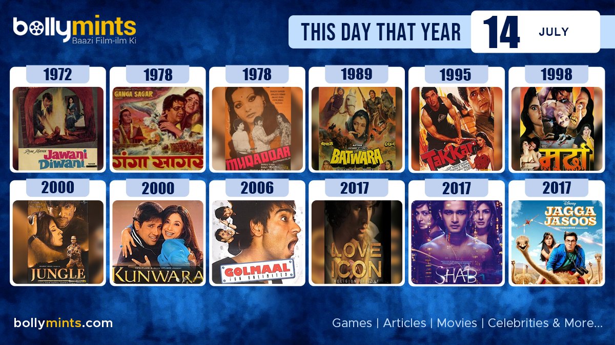 BollyMints's tweet photo. Here are the few #BollywoodMovies released on this day. Stay tuned at https://t.co/ohKmuyqHCy for more #updates #ThisDayThatYear #14July #JawaniDiwani #GangaSagar #Muqaddar #Batwara #Takkar #Murdaa #Jungle #Kunwara #Golmaal #LoveIcon #Shab #JaggaJasoos https://t.co/jrArSQgB0I