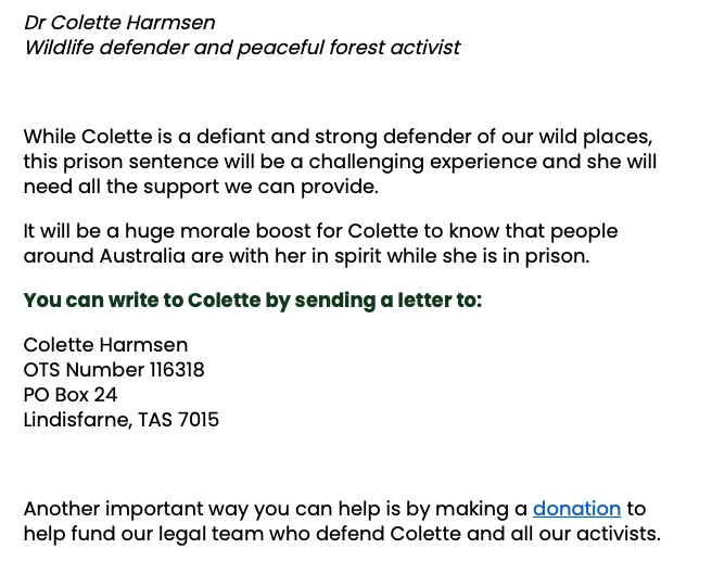 Melissa Sweet (@melissasweetdr) on Twitter photo Dr Colette Harmsen will spend the next three months in prison for peacefully defending Tasmania's native forests. She is an experienced veterinarian with a passion for protecting Tasmania's wildlife and their forest habitat.
Via <a href="/BobBrownFndn/">Bob Brown Foundation</a>
#DoingItForTheForests
<a href="/CroakeyNews/">Croakey News</a> Dr Colette Harmsen will spend the next three months in prison for peacefully defending Tasmania's native forests. She is an experienced veterinarian with a passion for protecting Tasmania's wildlife and their forest habitat.
Via <a href="/BobBrownFndn/">Bob Brown Foundation</a>
#DoingItForTheForests
<a href="/CroakeyNews/">Croakey News</a>