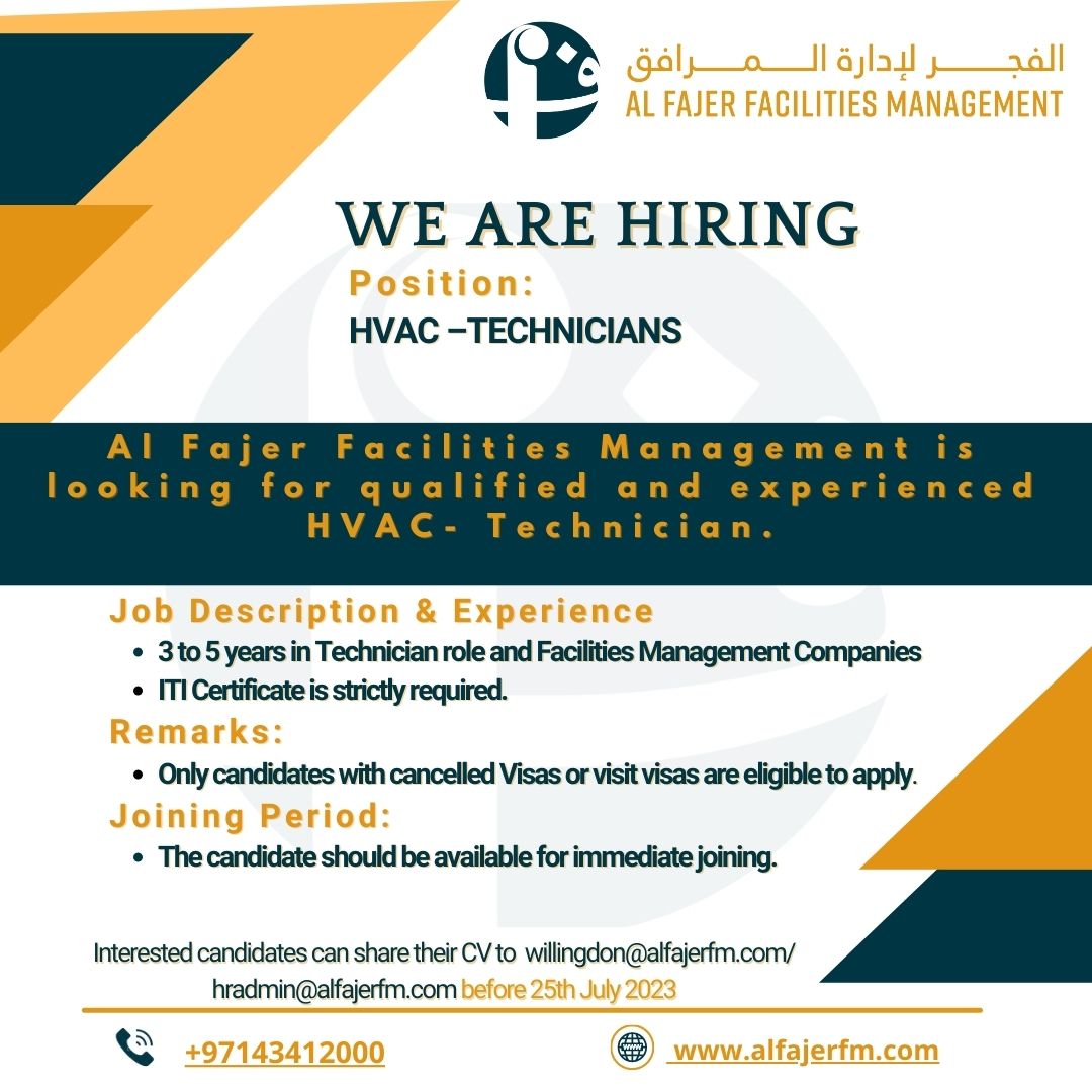 alfajerfm's tweet photo. Urgent!
Al Fajer FM is hiring qualified and experienced HVAC technician. Interested candidates can send their CV to the email address mentioned below.
'willingdon@alfajerfm.com'
hradmin@alfajerfm.com
📷
#alfajerFM
#hiringHVACTechnicien
#immediathiring
https://t.co/atTq9UgWSl https://t.co/Ar58kw7r8e