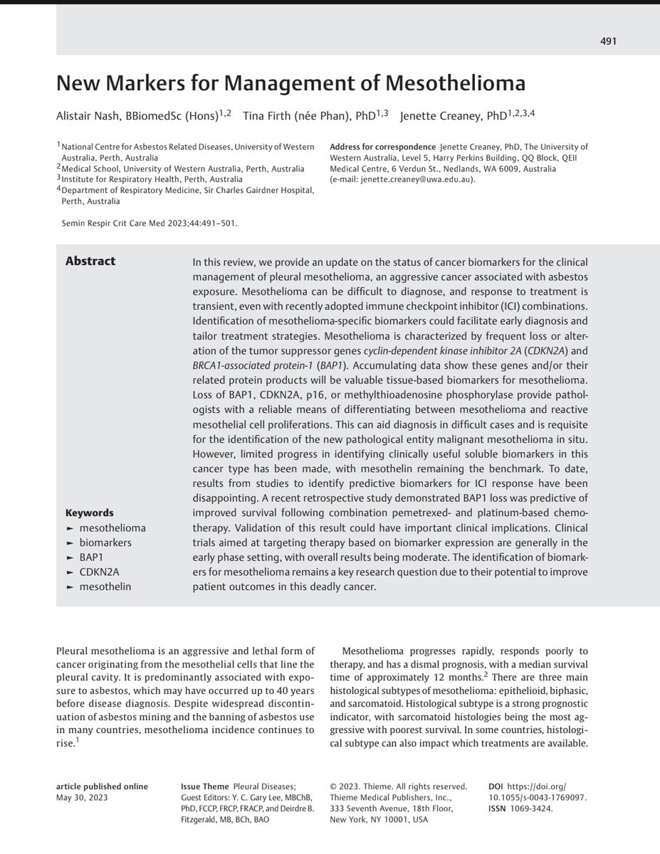 A lot of work that makes diagnosis of #mesothelioma easier. See review by Prof Jenette Creaney + team @NCARD_research in our #Pleural Review Series of this months' Semin Respir Crit Care Med. #cancer #asbestos #MedTwitter @Mesouk @curemeso @meso_sheffield