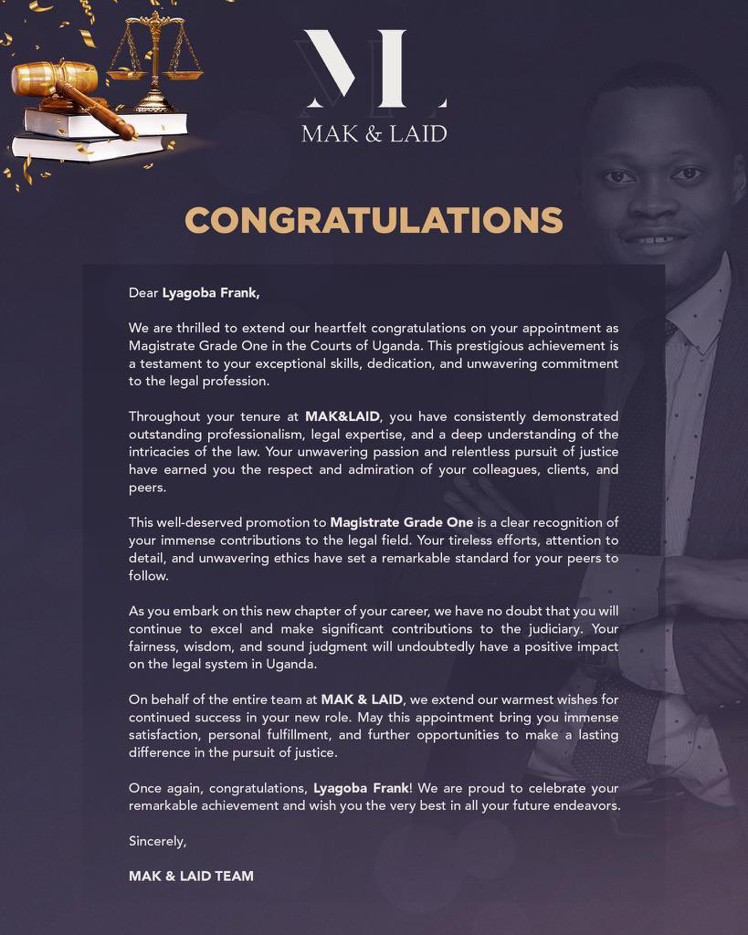Maklaid2's tweet photo. 🎉 Congratulations to @franklyagoba on your well-deserved appointment as Magistrate Grade One! 🙌 

Your dedication, hard work, and expertise have led you to this incredible achievement, and we couldn't be happier for you. 🌟#YourWorsipLyagoba #Congratulations https://t.co/Z3LHHzzbIH
