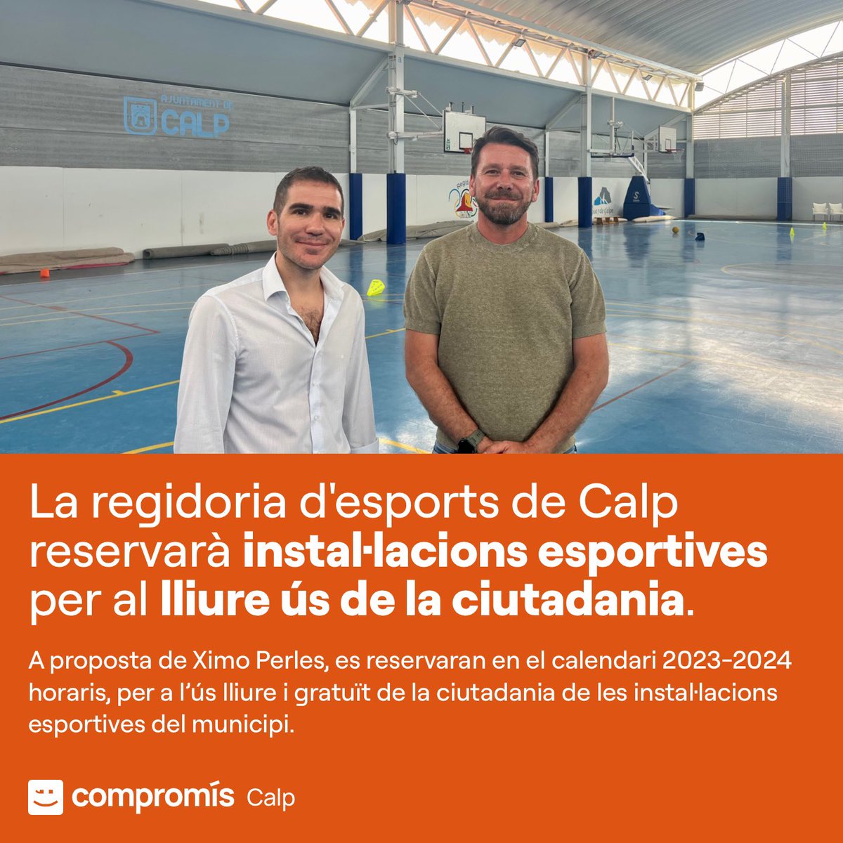 CompromisCalp's tweet image. 🙌🏽 Tenim una bona notícia: una de les primeres mesures de gestió real és que anem a reservar espais en les instal·lacions esportives per a l’ús lliure de la ciutadania.

👉🏽 Esteu atentes per a conéixer els horaris i els espais properament.

#governsambcompromís #orgulldecalp