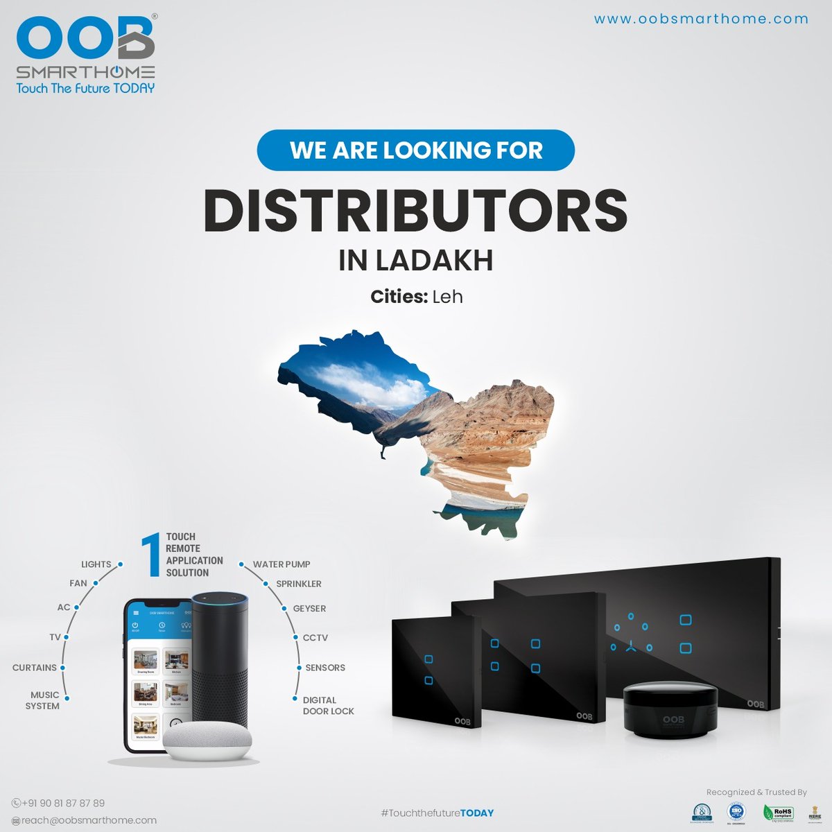 OobSmartHome's tweet photo. OOB Smarthome We are looking for distributor #Ladakh #india #smarthome
.
.
for quick inquiry call on: +91 9081 8787 89
.
.
#distributor #connectedhome #smarttechnology #innovation #luxuryhomes #smarthomesystem #homeautomation #touchswitch #TouchSwitches #DesignerTouchSwitches https://t.co/JQ1pZ0nZdp