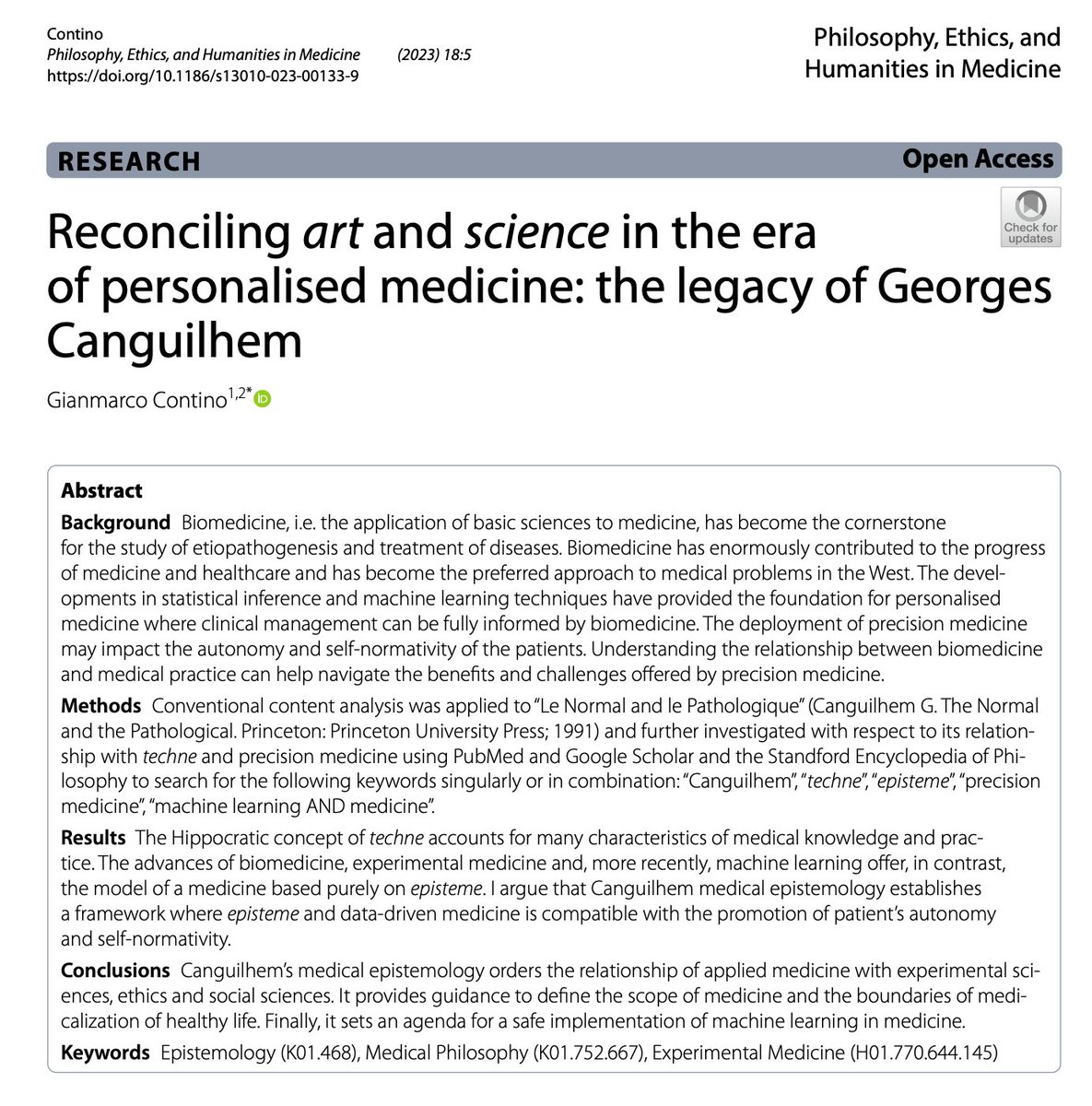 Navigating AI-driven medicine can be challenging. In this paper, I outline an approach to building an AI-proof medical epistemology based on the legacy of #GeorgesCanguilhem. rdcu.be/deV18
<a href="/BioMedCentral/">BMC</a>
<a href="/unibirmingham/">Uni of Birmingham</a>
<a href="/IcgsUob/">Cancer and Genomic Sciences</a>
<a href="/VonHugel/">Von Hügel Institute for Critical Catholic Inquiry</a>
<a href="/turinginst/">The Alan Turing Institute</a>
<a href="/StEdmundsCam/">St Edmund's College, Cambridge</a>