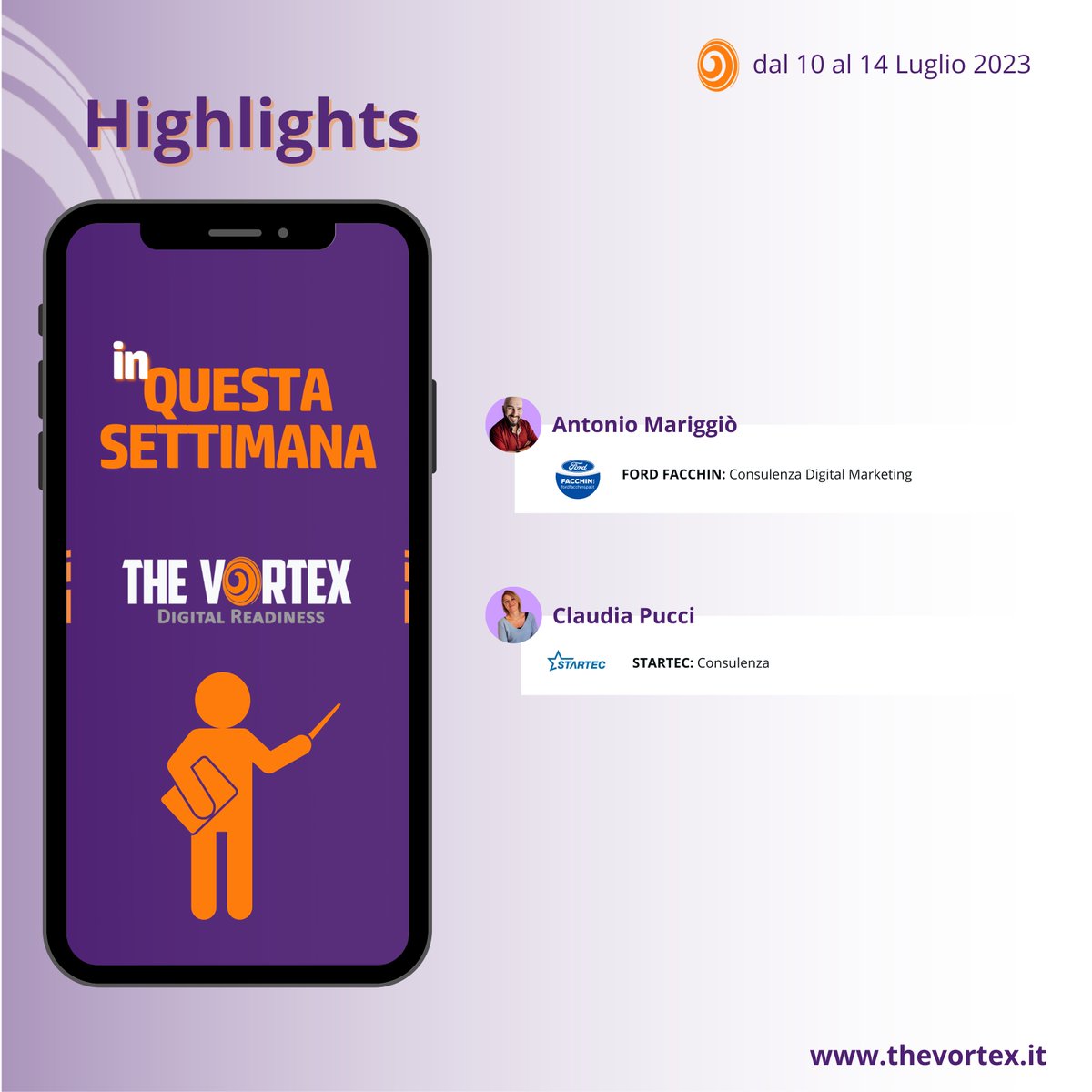 Highlights della settimana. Dalle consulenze in azienda alle formazioni in aula, scopri tutti gli appuntamenti The Vortex dal 10 al 14 Luglio.

thevortex.it
#thevortex #highlights

<a href="/ugobenini/">Ugo Benini</a>  <a href="/andrea_boscaro/">Andrea Boscaro</a>  <a href="/paologuaitani/">paolo guaitani</a>  <a href="/NicolaMauri/">Nicola Mauri</a>