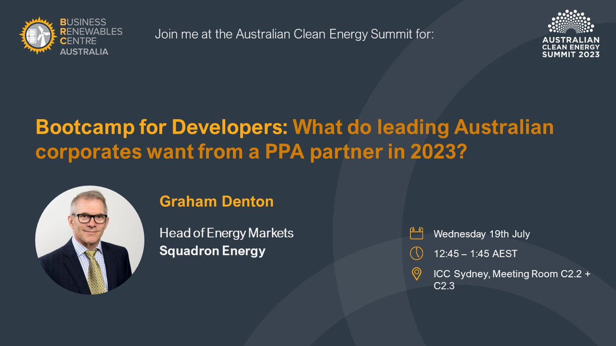 Join us and our Head of Energy Markets, Graham Denton at @cleannrgcouncil's #ACES2023 where he will be speaking on the Business Renewables Centre Australia panel Bootcamp for Developers: What do leading Australian corporates want from a PPA partner in 2023?
