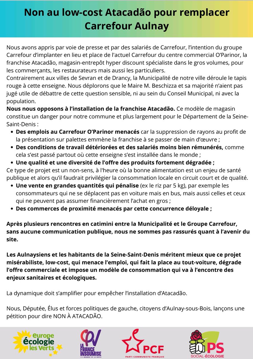 Michel1Morard's tweet image. Non à #atacadao à #aulnaysousbois. Si #sevran l a fait on peut le faire aussi même contre l avis de @brunobeschizza et son argent. #nupes