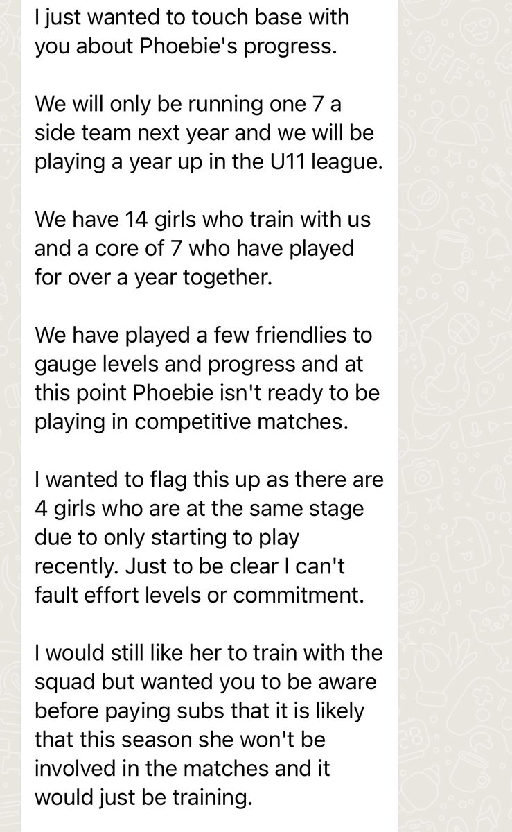 Message from Phoebe’s football “coach” last night. She’s 9 FFS just dipping her toe in and having fun, but this wannabe pep thinks he can turn kids away based on technical ability! Dick heads like this are gunna un-do all of the great work the Lionesses and #HerGameToo have done