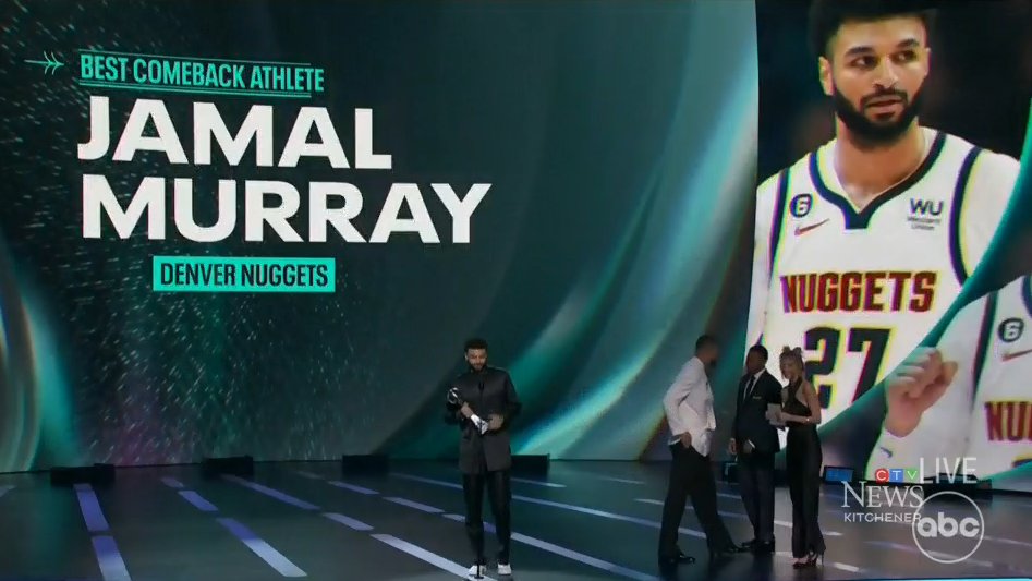 berryonline's tweet image. On behalf of our community, sending big hometown #props to @CityKitchener's very own, @BeMore27 of the @NBA @nuggets for Wednesday's win of the #BestComebackAthlete award at the 2023 @ESPYS! So proud of all you have achieved, Jamal! #KTownProud