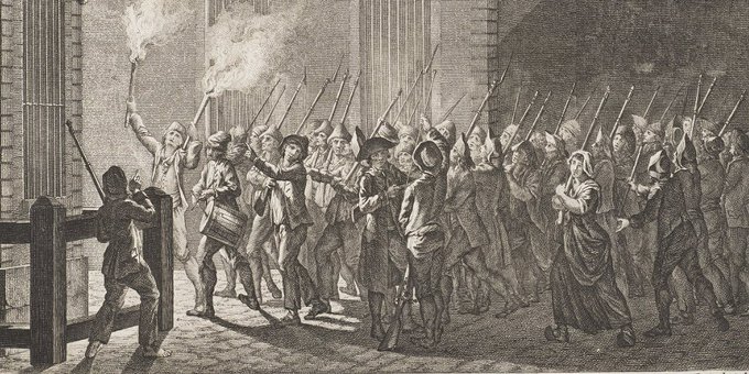 Paris Gardé par le Peuple la nuit due 12 au 13 Juillet 1789, or: Paris guarded by the People on the night of July 12 and 13, 1789. Plate depicting an event from the French Revolution. A crowd of men and women with flaming torches, drums and bayonets walk through a street. Engraved by Pierre-Gabriel Berthault after Jean-Louis Prieur. This print is part of the series Tableaux Historiques de la Révolution Française (Historic Illustrations of the French Revolution).