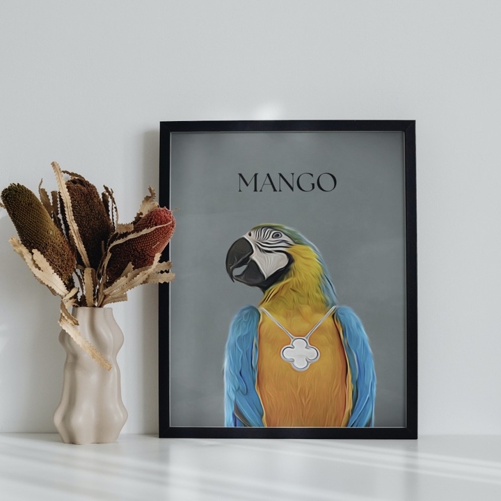 'Meet Mango, a vibrant splash of feathers. 🦜✨#MangoTheParrot #CustomPetPortrait #FramedBeauty