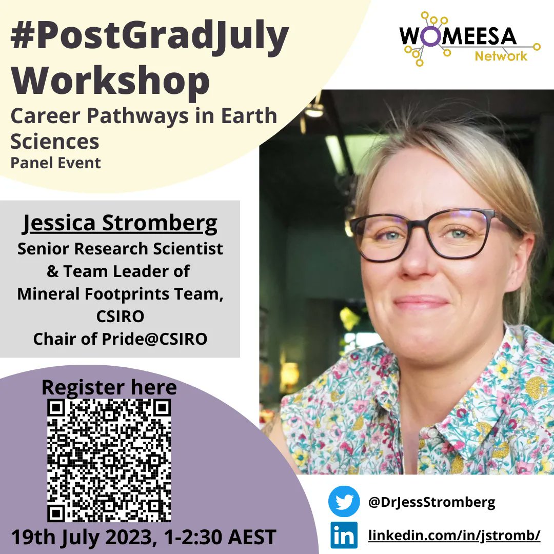 Announcing 1st #PostGradJuly panellist <a href="/DrJessStromberg/">Jess Stromberg 🏳️‍🌈</a>!

Jess is Senior Research Scientist in Mineral Resources Business Unit of <a href="/CSIRO/">CSIRO</a> where she leads Mineral Footprints Team &amp; chairs Pride@CSIRO 🏳️‍🌈

Register: buff.ly/3NKgl9T 

#WomeninSTEM #diversity #genderequity