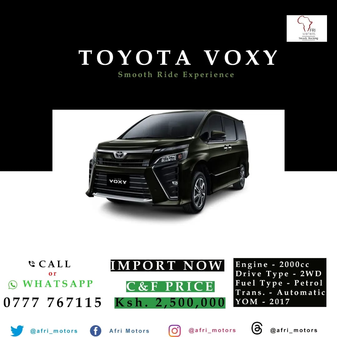GitharaKabura's tweet photo. Import the 2017 TOYOTA VOXY today! Mileage: 72,650 km, 2,000cc, AT, Petrol. Features: CD Player, Alloy Wheels, A/C, ABS, Airbag, Rear Spoiler, Back Camera, Navigation, and more. Discounted C&F Price: Ksh. 2,500,000. Contact: Call/Whatsapp 0777 767115.
#BuyAfri
#SteadyRocking https://t.co/VeKLohUZm6