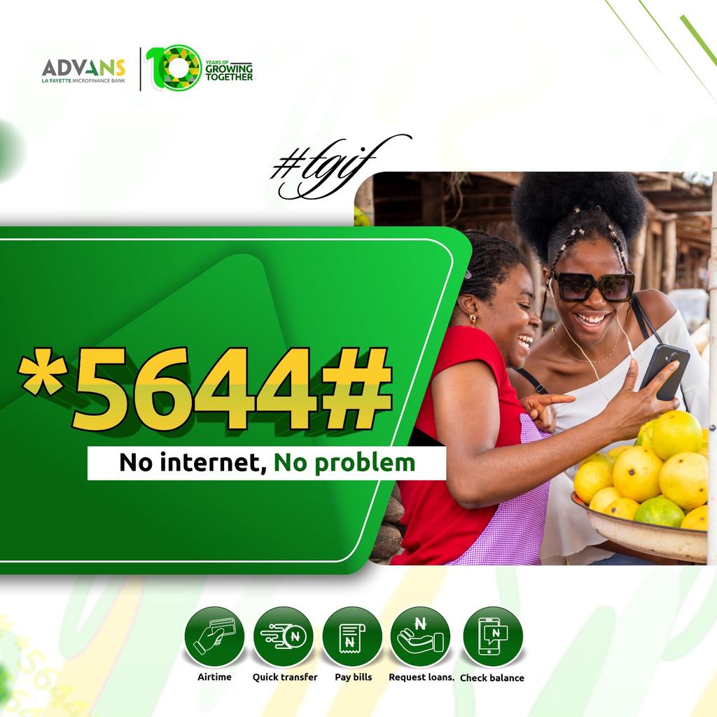 AdvansNigeria's tweet photo. 🤩🤩Simplify your banking experience this weekend using Advans USSD code. Just dial *5644# and unlock a world of convenience! No internet? No worries! You're all set to go without any hassle.
#easybanking #weekendbanking https://t.co/8F2wVyXh4Q