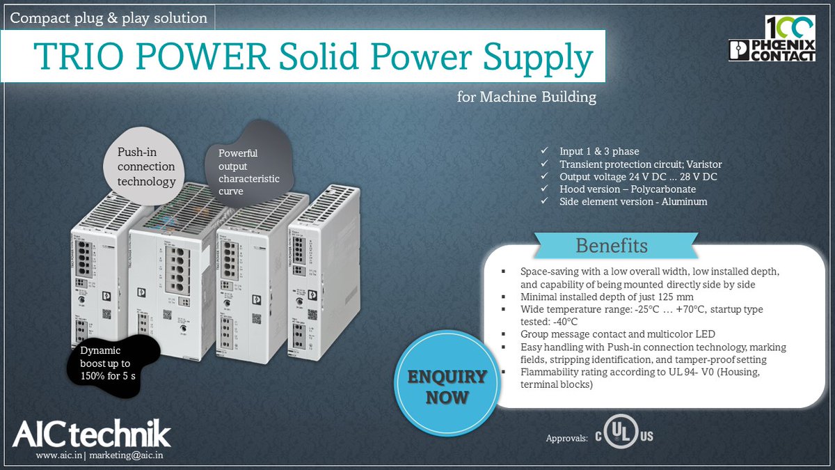 #AICtechnik offers you #powersupplies for #machinebuilding  from #phoenixcontact. This new generation of #TRIOPOWER power supplies with O/P currents from 5 to 40 A feature with a #spacesavingdesign, a #robust & reliable supply, easy handling, smart diagnostics.