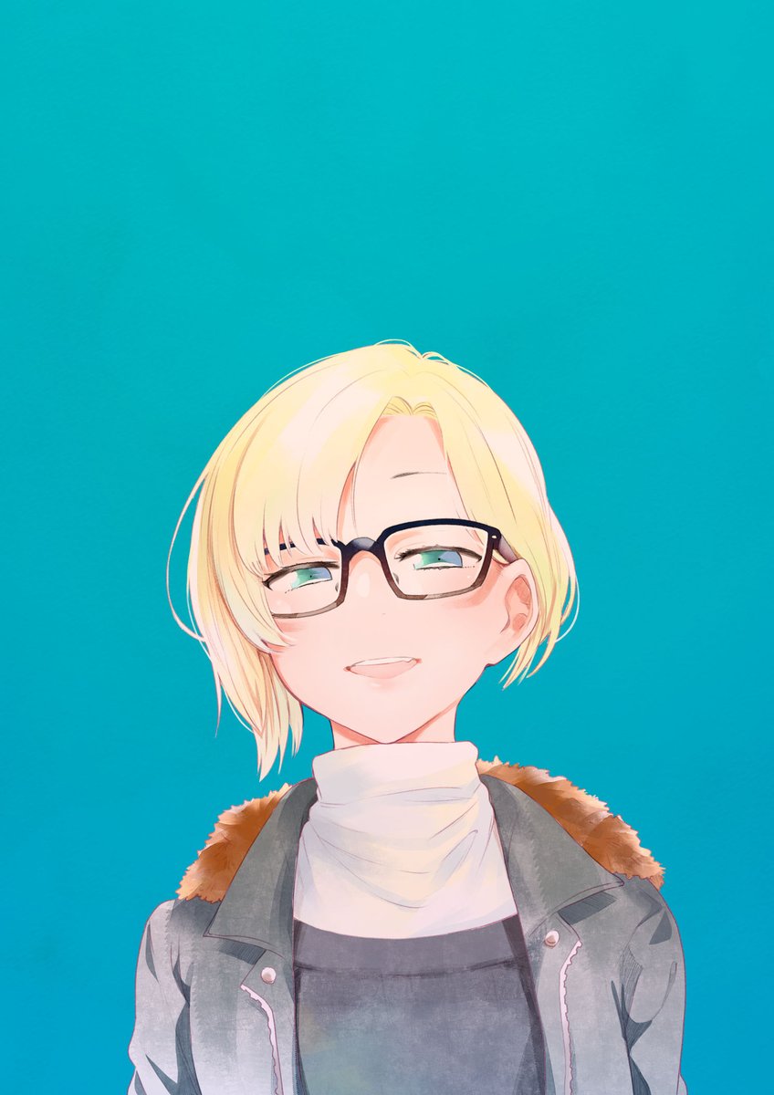 1girl solo blonde hair glasses short hair jacket simple background  illustration images