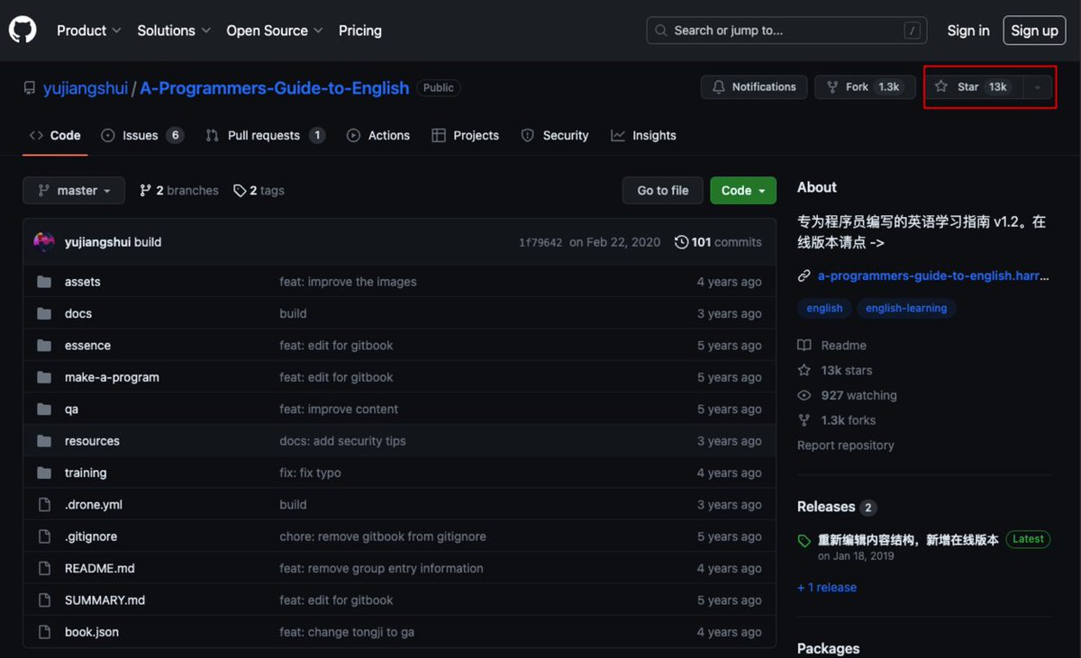 13000 Star，Github 最多人收藏的英语学习资料👍

- 语言学习的本质浅析
- 如何构建一个识别英语的程序
- 我的训练方法
- 常见问题 QA
- 资料、工具推荐和扩展阅读

🔗 github.com/yujiangshui/A-…