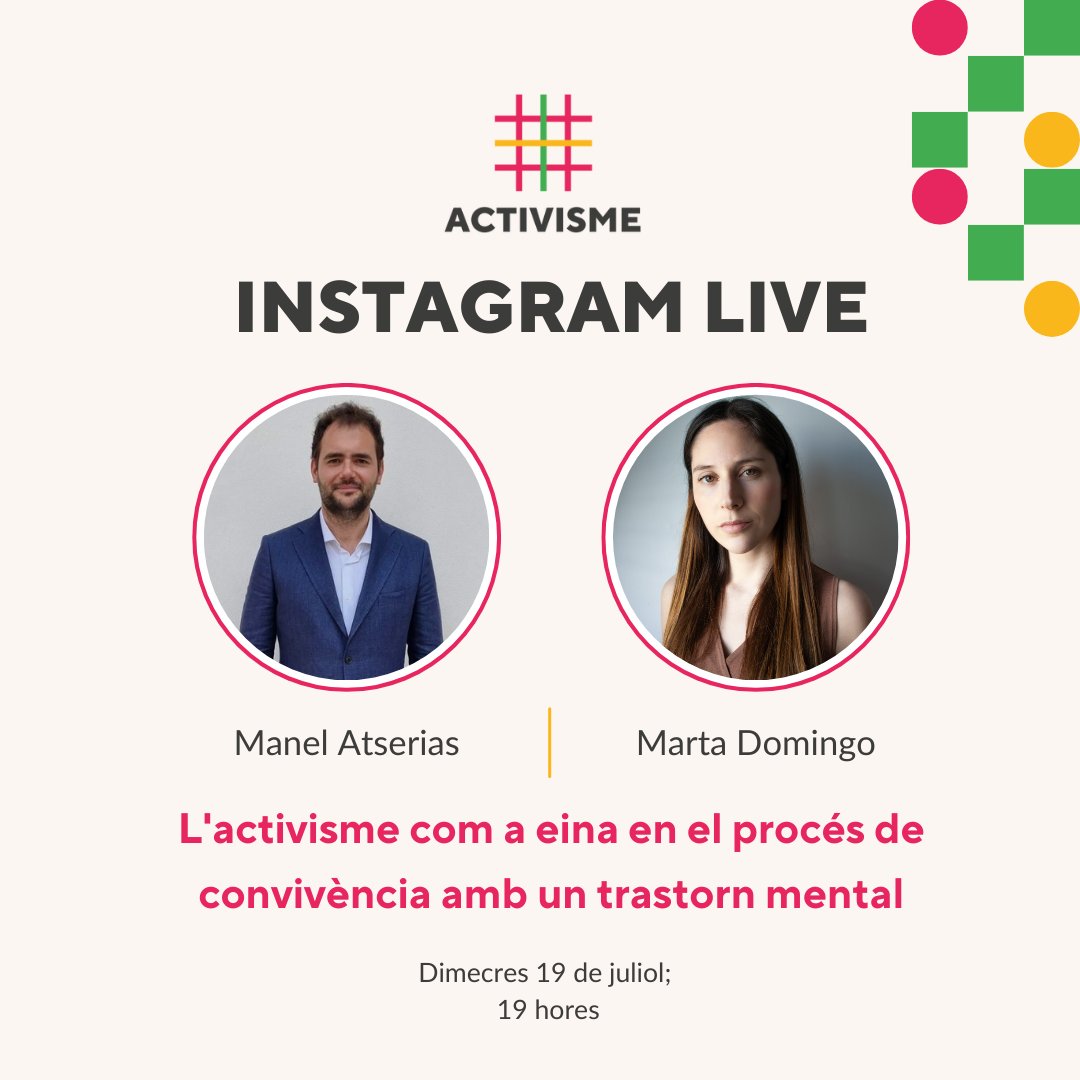 ❓ Pot resultar l’activisme una manera de millorar la relació pròpia amb un trastorn mental? 

👉🏼 Els activistes d’Obertament <a href="/Manel_ManofLaws/">Manel Atserias Luque ⚖</a>  i <a href="/martadmargarit/">Marta Margarit</a> reflexionaran sobre aquesta pregunta en una conversa en directe

📆 Dimecres 19 de juliol
🕒 19 hores