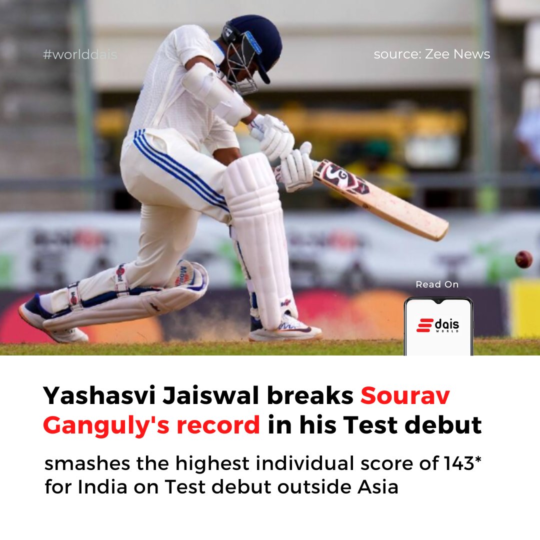 world_dais's tweet photo. Congratulations young man!
Yashasvi Jaiswal smashed the highest individual score of 143 not out for India on Test debut outside Asia. 
He surpassed Sourav Ganguly, who struck 131 against England at Lord’s in 1996. 

He also faced 350 balls on his debut innings to break Md. Azharuddin's record at Kolkata 1984.

#INDvsWI #YashasviJaiswal #TestCricket #Ashes23 #Chandrayaan3 #SamanthaRuthPrabhu #AliaBhatt #BabyTheMovie #worlddais